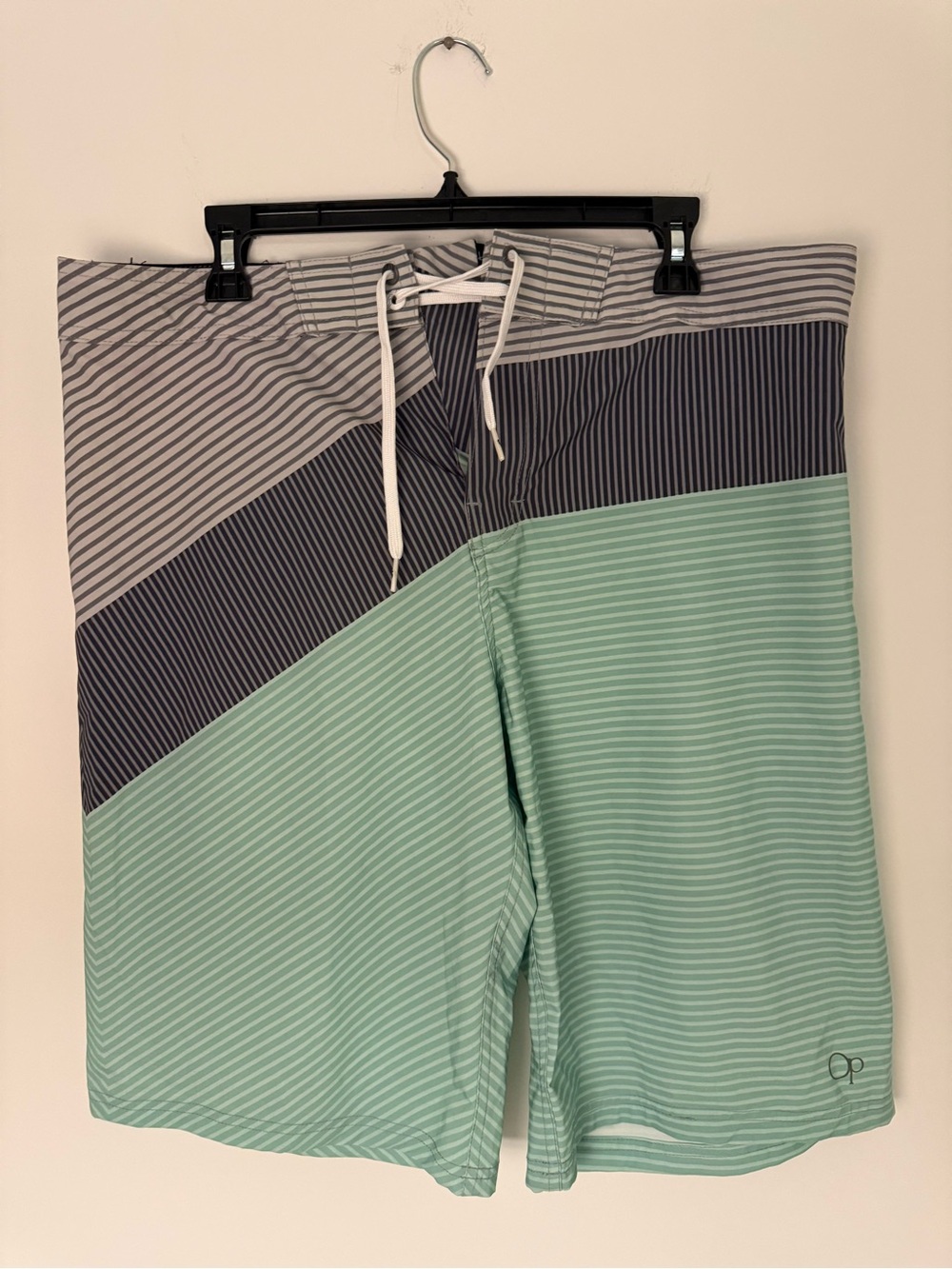 OP Men’s Mint Green, Navy & Light Gray Striped Board Shorts